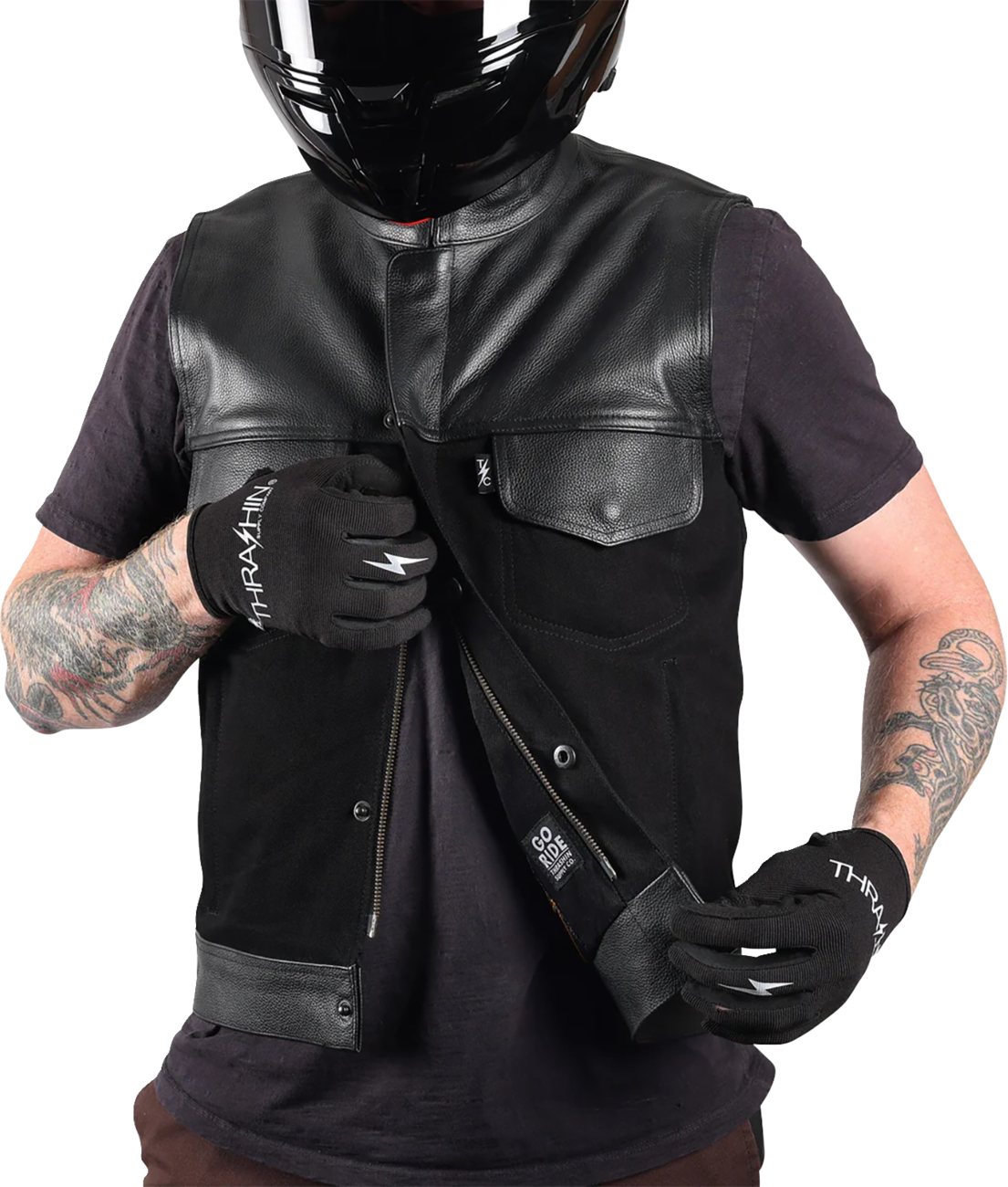 35B68AB4-DA80-4F46-AC72-1FAD5755D6A1 Thrashin Supply Co. - Kanan Leather/Denim Riding Vest - Black