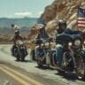 image of motorcyclists riding with the American falg - learn the motorcycle helmet laws by state with Motohorse, a motorcycle accessories & parts online shop